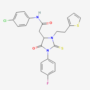 molecular formula C23H19ClFN3O2S2 B11447867 N-(4-chlorophenyl)-2-{1-(4-fluorophenyl)-5-oxo-3-[2-(thiophen-2-yl)ethyl]-2-thioxoimidazolidin-4-yl}acetamide 