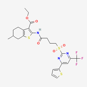 Ethyl 6-methyl-2-[(4-{[4-(thiophen-2-yl)-6-(trifluoromethyl)pyrimidin-2-yl]sulfonyl}butanoyl)amino]-4,5,6,7-tetrahydro-1-benzothiophene-3-carboxylate