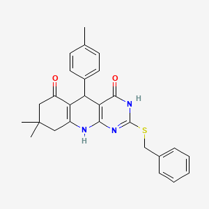 molecular formula C27H27N3O2S B11448288 2-(benzylsulfanyl)-8,8-dimethyl-5-(4-methylphenyl)-5,8,9,10-tetrahydropyrimido[4,5-b]quinoline-4,6(3H,7H)-dione 