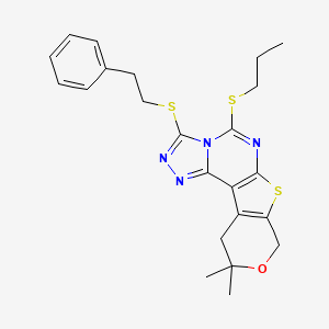 14,14-dimethyl-5-(2-phenylethylsulfanyl)-7-propylsulfanyl-13-oxa-10-thia-3,4,6,8-tetrazatetracyclo[7.7.0.02,6.011,16]hexadeca-1(9),2,4,7,11(16)-pentaene