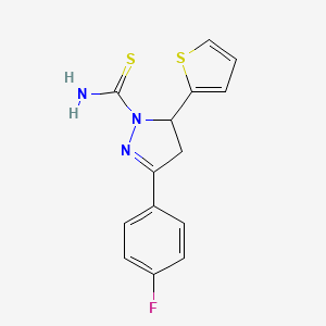 molecular formula C14H12FN3S2 B11448526 3-(4-fluorophenyl)-5-(thiophen-2-yl)-4,5-dihydro-1H-pyrazole-1-carbothioamide 