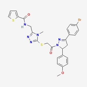 molecular formula C27H25BrN6O3S2 B11448807 N-{[5-({2-[3-(4-Bromophenyl)-5-(4-methoxyphenyl)-4,5-dihydro-1H-pyrazol-1-YL]-2-oxoethyl}sulfanyl)-4-methyl-4H-1,2,4-triazol-3-YL]methyl}thiophene-2-carboxamide 