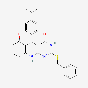 molecular formula C27H27N3O2S B11448846 2-(benzylsulfanyl)-5-[4-(propan-2-yl)phenyl]-5,8,9,10-tetrahydropyrimido[4,5-b]quinoline-4,6(3H,7H)-dione 