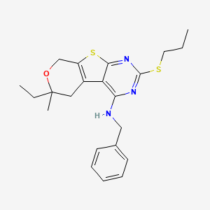 molecular formula C22H27N3OS2 B11448856 N-benzyl-12-ethyl-12-methyl-5-propylsulfanyl-11-oxa-8-thia-4,6-diazatricyclo[7.4.0.02,7]trideca-1(9),2,4,6-tetraen-3-amine 