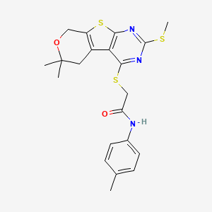 molecular formula C21H23N3O2S3 B11448879 2-[(12,12-dimethyl-5-methylsulfanyl-11-oxa-8-thia-4,6-diazatricyclo[7.4.0.02,7]trideca-1(9),2(7),3,5-tetraen-3-yl)sulfanyl]-N-(4-methylphenyl)acetamide 