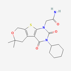 molecular formula C19H25N3O4S B11448941 2-(4-cyclohexyl-12,12-dimethyl-3,5-dioxo-11-oxa-8-thia-4,6-diazatricyclo[7.4.0.02,7]trideca-1(9),2(7)-dien-6-yl)acetamide 