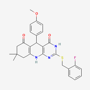 2-((2-fluorobenzyl)thio)-5-(4-methoxyphenyl)-8,8-dimethyl-7,8,9,10-tetrahydropyrimido[4,5-b]quinoline-4,6(3H,5H)-dione