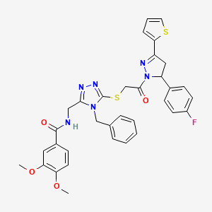 molecular formula C34H31FN6O4S2 B11449175 N-((4-benzyl-5-((2-(5-(4-fluorophenyl)-3-(thiophen-2-yl)-4,5-dihydro-1H-pyrazol-1-yl)-2-oxoethyl)thio)-4H-1,2,4-triazol-3-yl)methyl)-3,4-dimethoxybenzamide 