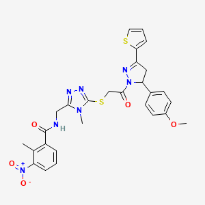 molecular formula C28H27N7O5S2 B11449190 N-((5-((2-(5-(4-methoxyphenyl)-3-(thiophen-2-yl)-4,5-dihydro-1H-pyrazol-1-yl)-2-oxoethyl)thio)-4-methyl-4H-1,2,4-triazol-3-yl)methyl)-2-methyl-3-nitrobenzamide 