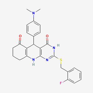 molecular formula C26H25FN4O2S B11449241 5-[4-(dimethylamino)phenyl]-2-[(2-fluorobenzyl)sulfanyl]-5,8,9,10-tetrahydropyrimido[4,5-b]quinoline-4,6(3H,7H)-dione 