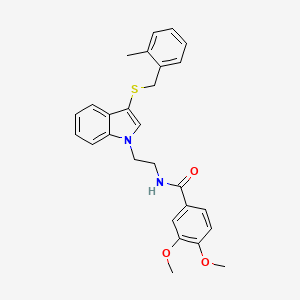 molecular formula C27H28N2O3S B11449258 3,4-dimethoxy-N-(2-(3-((2-methylbenzyl)thio)-1H-indol-1-yl)ethyl)benzamide 