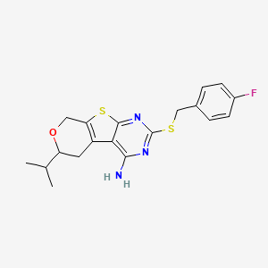 molecular formula C19H20FN3OS2 B11449403 5-[(4-fluorophenyl)methylsulfanyl]-12-propan-2-yl-11-oxa-8-thia-4,6-diazatricyclo[7.4.0.02,7]trideca-1(9),2,4,6-tetraen-3-amine 