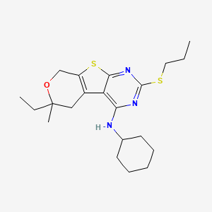 molecular formula C21H31N3OS2 B11449471 N-cyclohexyl-12-ethyl-12-methyl-5-propylsulfanyl-11-oxa-8-thia-4,6-diazatricyclo[7.4.0.02,7]trideca-1(9),2,4,6-tetraen-3-amine 