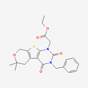 molecular formula C22H24N2O5S B11449491 ethyl 2-(4-benzyl-12,12-dimethyl-3,5-dioxo-11-oxa-8-thia-4,6-diazatricyclo[7.4.0.02,7]trideca-1(9),2(7)-dien-6-yl)acetate 