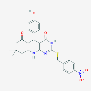 5-(4-hydroxyphenyl)-8,8-dimethyl-2-((4-nitrobenzyl)thio)-7,8,9,10-tetrahydropyrimido[4,5-b]quinoline-4,6(3H,5H)-dione