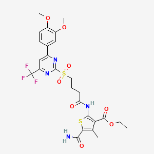 molecular formula C26H27F3N4O8S2 B11449664 Ethyl 5-carbamoyl-2-[(4-{[4-(3,4-dimethoxyphenyl)-6-(trifluoromethyl)pyrimidin-2-yl]sulfonyl}butanoyl)amino]-4-methylthiophene-3-carboxylate 