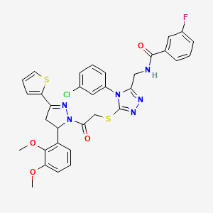 molecular formula C33H28ClFN6O4S2 B11449675 N-{[4-(3-Chlorophenyl)-5-({2-[5-(2,3-dimethoxyphenyl)-3-(thiophen-2-YL)-4,5-dihydro-1H-pyrazol-1-YL]-2-oxoethyl}sulfanyl)-4H-1,2,4-triazol-3-YL]methyl}-3-fluorobenzamide 