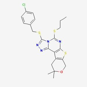 molecular formula C22H23ClN4OS3 B11449703 5-[(4-chlorophenyl)methylsulfanyl]-14,14-dimethyl-7-propylsulfanyl-13-oxa-10-thia-3,4,6,8-tetrazatetracyclo[7.7.0.02,6.011,16]hexadeca-1(9),2,4,7,11(16)-pentaene 