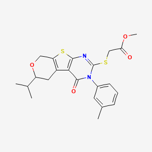 molecular formula C22H24N2O4S2 B11449822 methyl 2-[[4-(3-methylphenyl)-3-oxo-12-propan-2-yl-11-oxa-8-thia-4,6-diazatricyclo[7.4.0.02,7]trideca-1(9),2(7),5-trien-5-yl]sulfanyl]acetate 