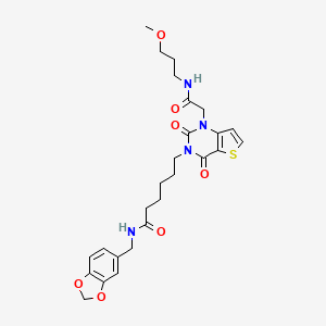 molecular formula C26H32N4O7S B11449867 N-(1,3-benzodioxol-5-ylmethyl)-6-[1-{2-[(3-methoxypropyl)amino]-2-oxoethyl}-2,4-dioxo-1,4-dihydrothieno[3,2-d]pyrimidin-3(2H)-yl]hexanamide 