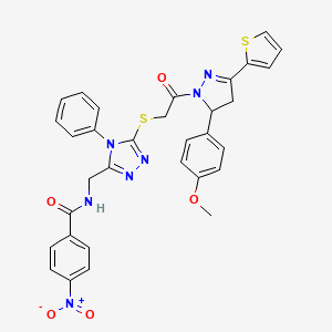 N-{[5-({2-[5-(4-Methoxyphenyl)-3-(thiophen-2-YL)-4,5-dihydro-1H-pyrazol-1-YL]-2-oxoethyl}sulfanyl)-4-phenyl-4H-1,2,4-triazol-3-YL]methyl}-4-nitrobenzamide