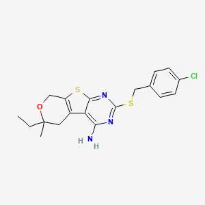 5-[(4-chlorophenyl)methylsulfanyl]-12-ethyl-12-methyl-11-oxa-8-thia-4,6-diazatricyclo[7.4.0.02,7]trideca-1(9),2,4,6-tetraen-3-amine