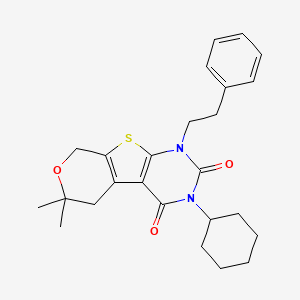 molecular formula C25H30N2O3S B11450066 4-cyclohexyl-12,12-dimethyl-6-(2-phenylethyl)-11-oxa-8-thia-4,6-diazatricyclo[7.4.0.02,7]trideca-1(9),2(7)-diene-3,5-dione 