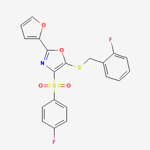 molecular formula C20H13F2NO4S2 B11450545 5-[(2-Fluorobenzyl)thio]-4-[(4-fluorophenyl)sulfonyl]-2-(2-furyl)-1,3-oxazole 