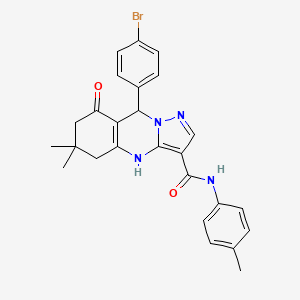 molecular formula C26H25BrN4O2 B11450587 9-(4-bromophenyl)-6,6-dimethyl-N-(4-methylphenyl)-8-oxo-4,5,6,7,8,9-hexahydropyrazolo[5,1-b]quinazoline-3-carboxamide 