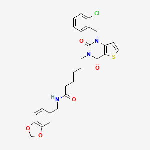 molecular formula C27H26ClN3O5S B11450623 N-(1,3-benzodioxol-5-ylmethyl)-6-[1-[(2-chlorophenyl)methyl]-2,4-dioxothieno[3,2-d]pyrimidin-3-yl]hexanamide 