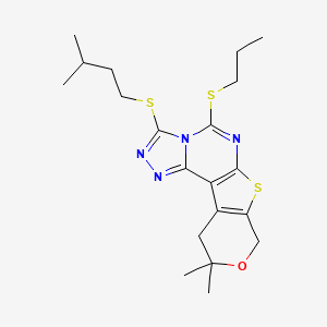 molecular formula C20H28N4OS3 B11450890 14,14-dimethyl-5-(3-methylbutylsulfanyl)-7-propylsulfanyl-13-oxa-10-thia-3,4,6,8-tetrazatetracyclo[7.7.0.02,6.011,16]hexadeca-1(9),2,4,7,11(16)-pentaene 