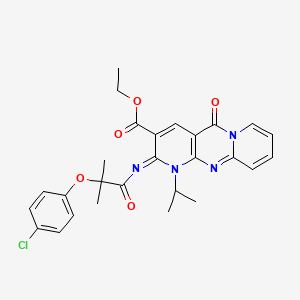 ethyl 6-[2-(4-chlorophenoxy)-2-methylpropanoyl]imino-2-oxo-7-propan-2-yl-1,7,9-triazatricyclo[8.4.0.03,8]tetradeca-3(8),4,9,11,13-pentaene-5-carboxylate