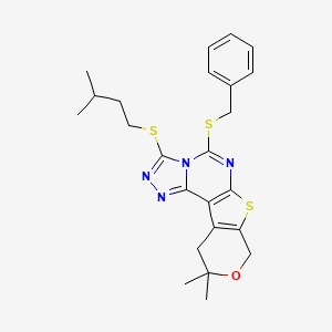 7-benzylsulfanyl-14,14-dimethyl-5-(3-methylbutylsulfanyl)-13-oxa-10-thia-3,4,6,8-tetrazatetracyclo[7.7.0.02,6.011,16]hexadeca-1(9),2,4,7,11(16)-pentaene