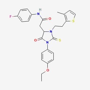 2-{1-(4-ethoxyphenyl)-3-[2-(3-methylthiophen-2-yl)ethyl]-5-oxo-2-thioxoimidazolidin-4-yl}-N-(4-fluorophenyl)acetamide