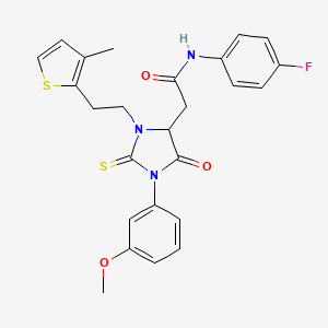 N-(4-fluorophenyl)-2-[1-(3-methoxyphenyl)-3-[2-(3-methylthiophen-2-yl)ethyl]-5-oxo-2-sulfanylideneimidazolidin-4-yl]acetamide