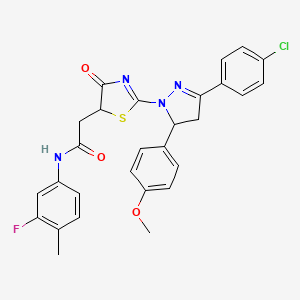 molecular formula C28H24ClFN4O3S B11451566 2-{2-[3-(4-chlorophenyl)-5-(4-methoxyphenyl)-4,5-dihydro-1H-pyrazol-1-yl]-4-oxo-4,5-dihydro-1,3-thiazol-5-yl}-N-(3-fluoro-4-methylphenyl)acetamide 