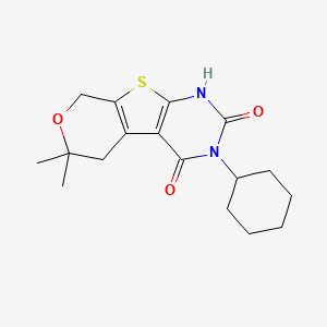 B11451652 4-cyclohexyl-12,12-dimethyl-11-oxa-8-thia-4,6-diazatricyclo[7.4.0.02,7]trideca-1(9),2(7)-diene-3,5-dione CAS No. 5818-81-5