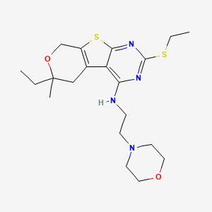 molecular formula C20H30N4O2S2 B11451654 12-ethyl-5-ethylsulfanyl-12-methyl-N-(2-morpholin-4-ylethyl)-11-oxa-8-thia-4,6-diazatricyclo[7.4.0.02,7]trideca-1(9),2,4,6-tetraen-3-amine 