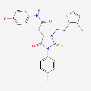 molecular formula C25H24FN3O2S2 B11451663 N-(4-fluorophenyl)-2-[1-(4-methylphenyl)-3-[2-(3-methylthiophen-2-yl)ethyl]-5-oxo-2-sulfanylideneimidazolidin-4-yl]acetamide 