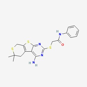 molecular formula C19H20N4OS3 B11451696 2-[(3-amino-12,12-dimethyl-8,11-dithia-4,6-diazatricyclo[7.4.0.02,7]trideca-1(9),2,4,6-tetraen-5-yl)sulfanyl]-N-phenylacetamide 