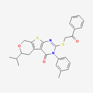 4-(3-methylphenyl)-5-phenacylsulfanyl-12-propan-2-yl-11-oxa-8-thia-4,6-diazatricyclo[7.4.0.02,7]trideca-1(9),2(7),5-trien-3-one