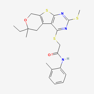 2-[(12-ethyl-12-methyl-5-methylsulfanyl-11-oxa-8-thia-4,6-diazatricyclo[7.4.0.02,7]trideca-1(9),2(7),3,5-tetraen-3-yl)sulfanyl]-N-(2-methylphenyl)acetamide