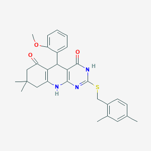 molecular formula C29H31N3O3S B11452448 2-[(2,4-dimethylbenzyl)sulfanyl]-5-(2-methoxyphenyl)-8,8-dimethyl-5,8,9,10-tetrahydropyrimido[4,5-b]quinoline-4,6(3H,7H)-dione 