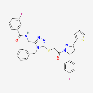 N-{[4-Benzyl-5-({2-[5-(4-fluorophenyl)-3-(thiophen-2-YL)-4,5-dihydro-1H-pyrazol-1-YL]-2-oxoethyl}sulfanyl)-4H-1,2,4-triazol-3-YL]methyl}-3-fluorobenzamide