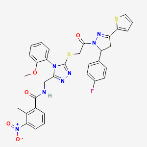 molecular formula C33H28FN7O5S2 B11452517 N-((5-((2-(5-(4-fluorophenyl)-3-(thiophen-2-yl)-4,5-dihydro-1H-pyrazol-1-yl)-2-oxoethyl)thio)-4-(2-methoxyphenyl)-4H-1,2,4-triazol-3-yl)methyl)-2-methyl-3-nitrobenzamide 