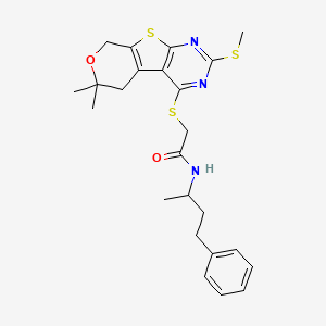 molecular formula C24H29N3O2S3 B11452582 2-[(12,12-dimethyl-5-methylsulfanyl-11-oxa-8-thia-4,6-diazatricyclo[7.4.0.02,7]trideca-1(9),2(7),3,5-tetraen-3-yl)sulfanyl]-N-(4-phenylbutan-2-yl)acetamide 