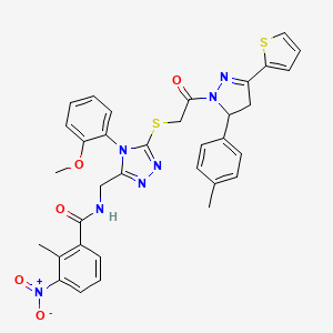 molecular formula C34H31N7O5S2 B11452591 N-((4-(2-methoxyphenyl)-5-((2-oxo-2-(3-(thiophen-2-yl)-5-(p-tolyl)-4,5-dihydro-1H-pyrazol-1-yl)ethyl)thio)-4H-1,2,4-triazol-3-yl)methyl)-2-methyl-3-nitrobenzamide 