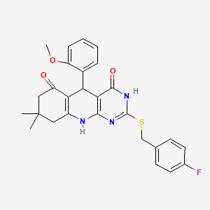 molecular formula C27H26FN3O3S B11452609 2-[(4-fluorobenzyl)sulfanyl]-5-(2-methoxyphenyl)-8,8-dimethyl-5,8,9,10-tetrahydropyrimido[4,5-b]quinoline-4,6(3H,7H)-dione 