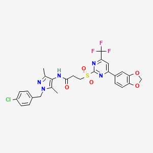 molecular formula C27H23ClF3N5O5S B11452628 3-{[4-(1,3-benzodioxol-5-yl)-6-(trifluoromethyl)pyrimidin-2-yl]sulfonyl}-N-[1-(4-chlorobenzyl)-3,5-dimethyl-1H-pyrazol-4-yl]propanamide 