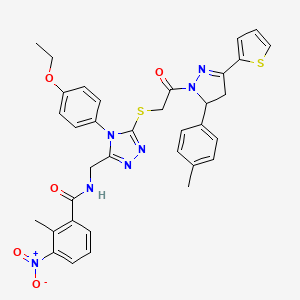 molecular formula C35H33N7O5S2 B11452691 N-((4-(4-ethoxyphenyl)-5-((2-oxo-2-(3-(thiophen-2-yl)-5-(p-tolyl)-4,5-dihydro-1H-pyrazol-1-yl)ethyl)thio)-4H-1,2,4-triazol-3-yl)methyl)-2-methyl-3-nitrobenzamide 